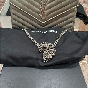 Saint Laurent Metallic/Silver Quilted Chevron Wallet on a Chain Bag